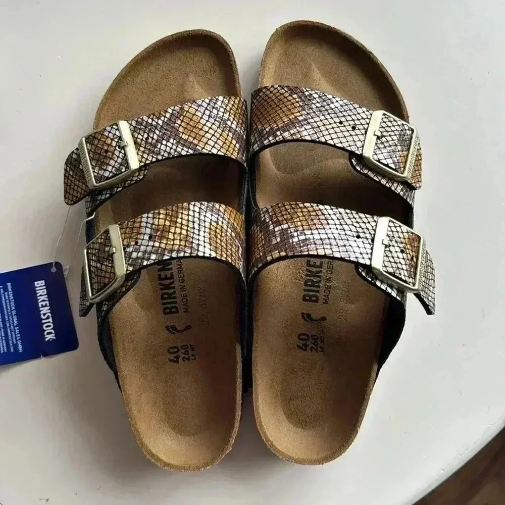 Birkenstock womens Sandals sz 38 Snake skin pattern NWT brown silver gold
